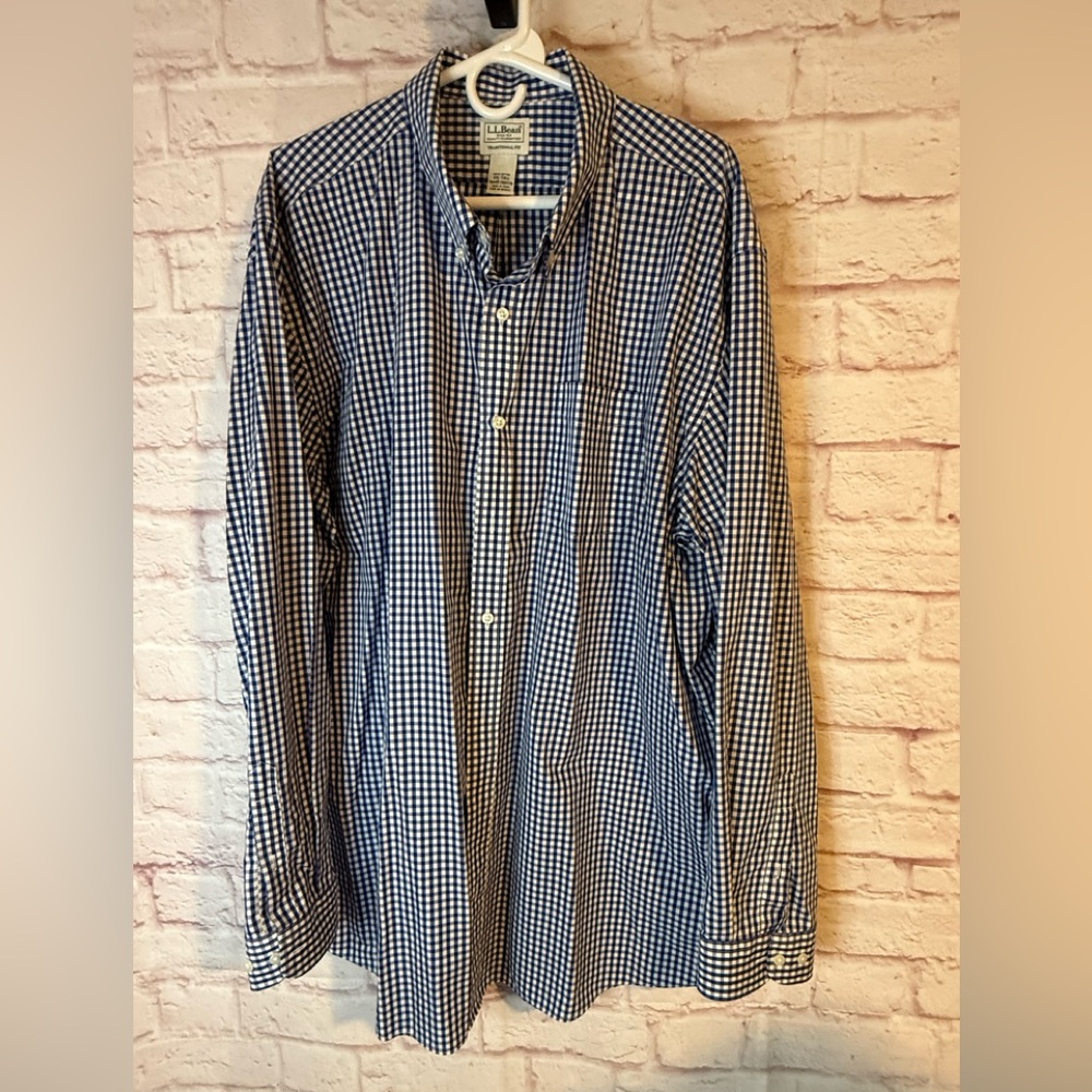 LL BEAN Men’s Button Down Shirt Blue Check Traditional Fit Tall